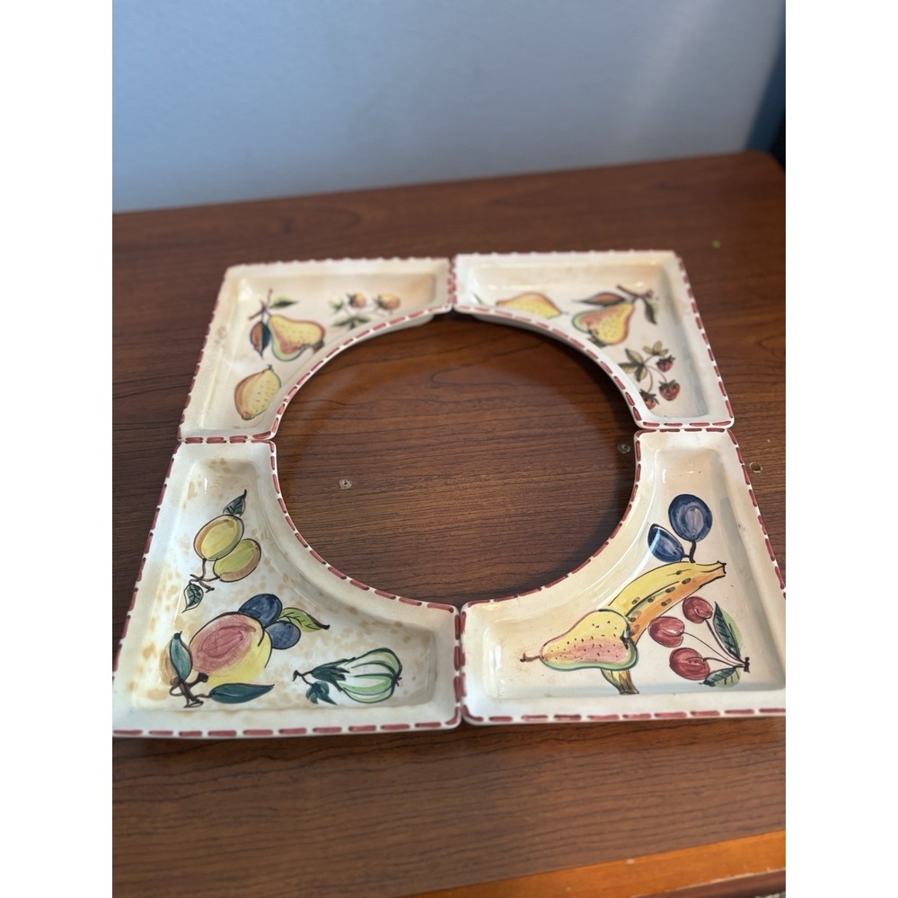 Vtg Portugal Hand Painted Fruit 4pc Relish Tray Set Interlocking Petal Trays